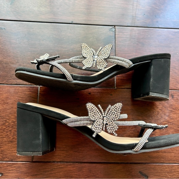 TOP Moda Black Heeled Slide Sandals with Crystal Butterfly Accents - Picture 4 of 5